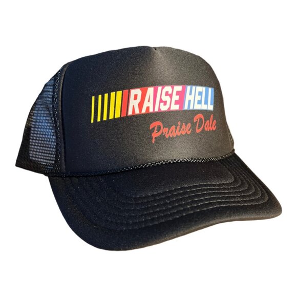 RAISE HELL PRAISE DALE HAT FUNNY TRUCKER HAT SUMMER NASCAR RACING CAP BLACK HAT - Picture 3 of 6